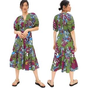 Anthropologie Conditions Apply Puff-Sleeved Midi Dress In Green Floral 4
